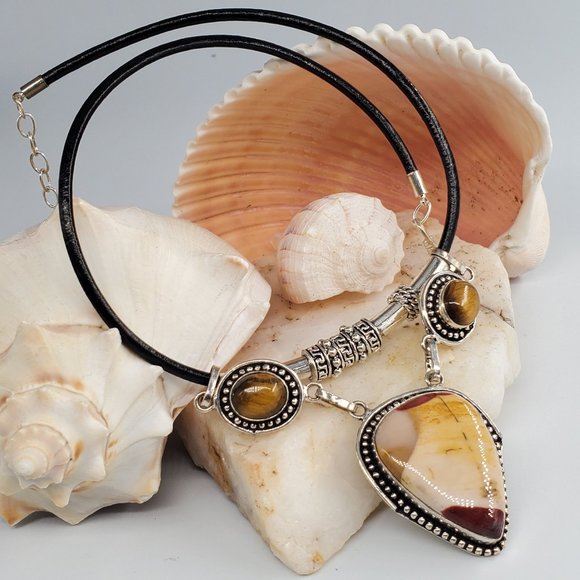 Handmade Artisan Jewelry - Leather/Silver Necklace Genuine Mokaite Stones